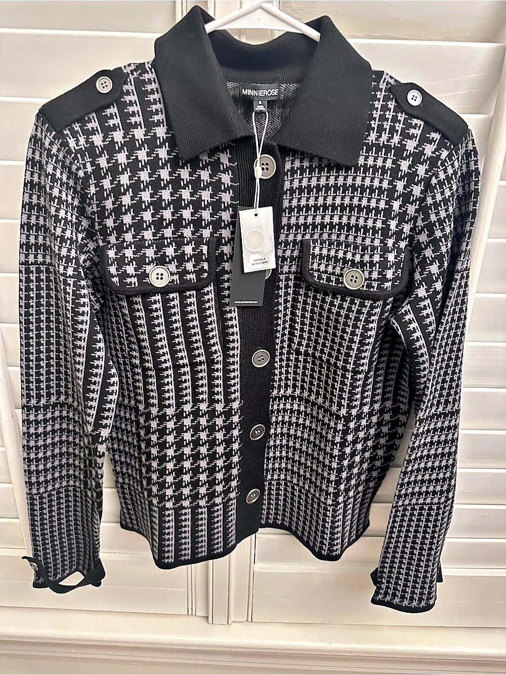 Minnie Rose Houndstooth Button-Front Cardigan Black & White NWT